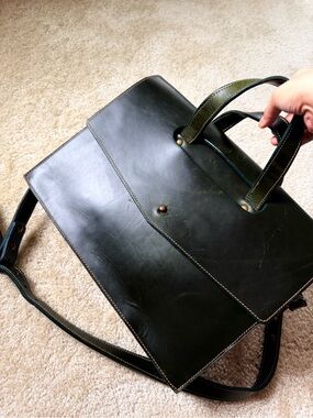 O.N.S. Men's Dark Green Leather Briefcase Bag - Classic Work Satchel